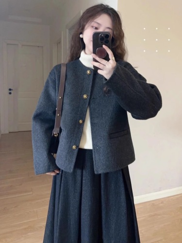 French style black double-sided cashmere woolen coat for women autumn and winter wool double-sided woolen short woolen coat