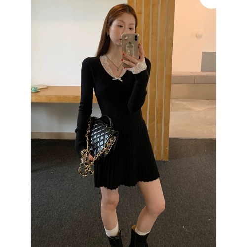 Celebrities Hall long-sleeved dress women's autumn and winter 2024 new temperament French knitted slim waist lace skirt