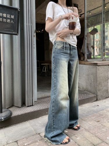 Real shot!  Retro washed jeans for women, loose, slim, Korean style, versatile straight wide leg pants, trendy