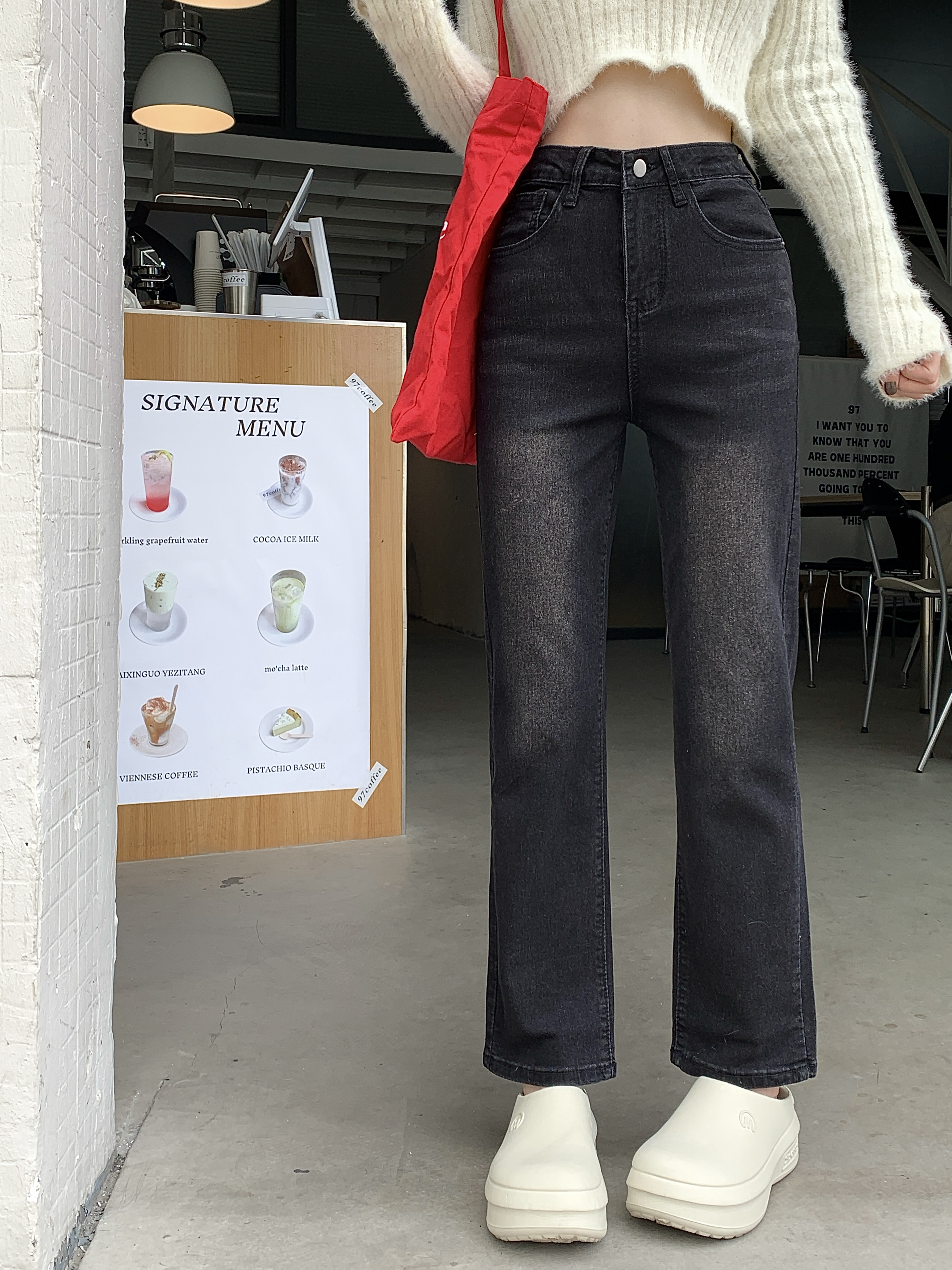 Photographed High-waisted Elastic Washed Retro Straight Leg Denim Jeans for Women