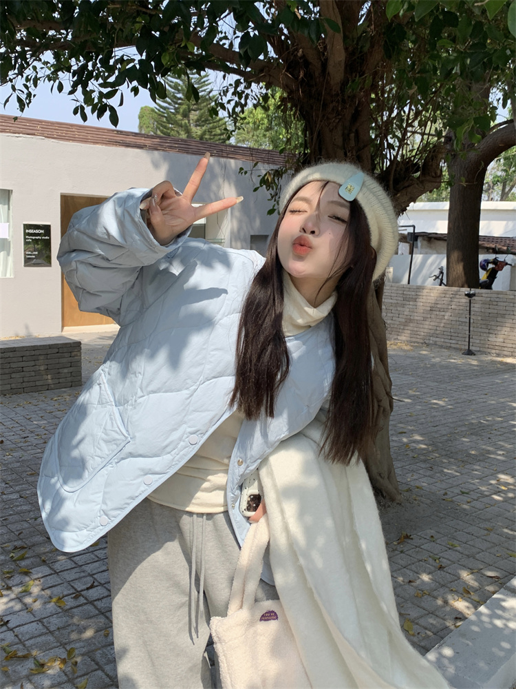 Real shot!  Gentle rhombus cotton coat for women Korean version ins blue small person warm cotton coat