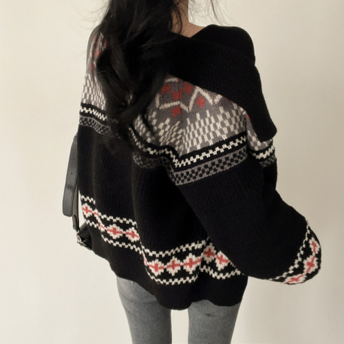 Korean chic retro all-match jacquard sweater jacket contrast color long-sleeved knitted cardigan for women