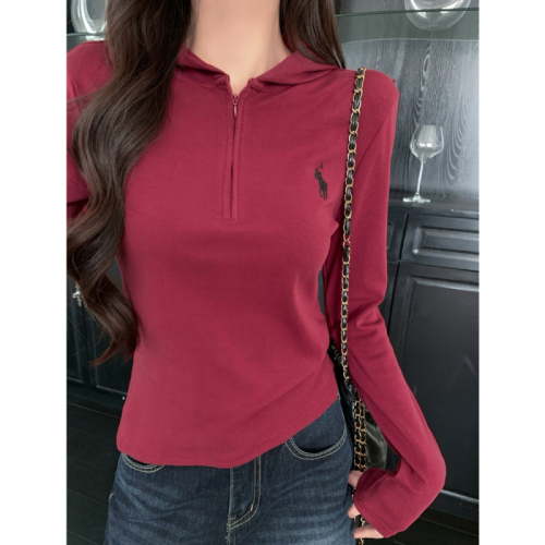 Real shot 40 count pure cotton solid color half zipper hooded long sleeve T-shirt women's embroidered bottoming shirt