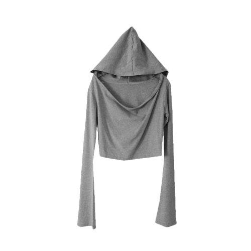 Colorful cotton ribbed gray hooded swing collar long-sleeved T-shirt for women autumn slim fit navel-baring short top