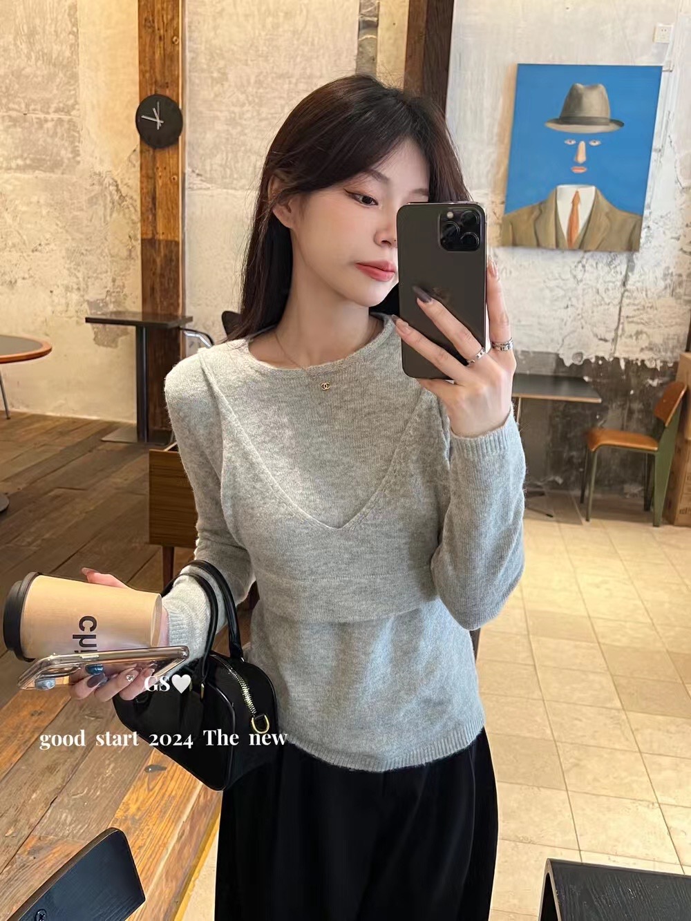 DIGM Korean style simple, fashionable and versatile solid color round neck soft and waxy skin-friendly warm sweater + knitted suspender set for women