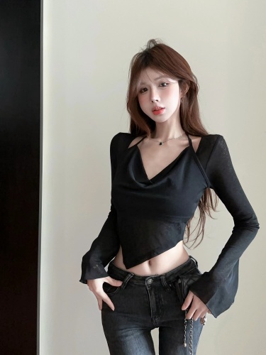 Real shot Hong Kong style pure desire design fake two-piece swing collar slim slimming lace-up halterneck long-sleeved T-shirt for women