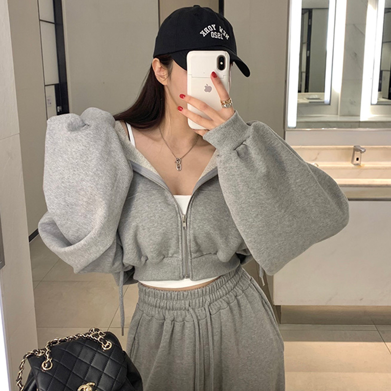Korean chic autumn niche style hooded long-sleeved short sweatshirt + high-waist lace versatile wide-leg casual pants
