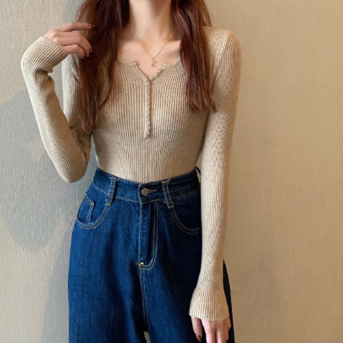 Actual shot of autumn and winter core-spun yarn button-down sweater, slim-fitting bottoming shirt top