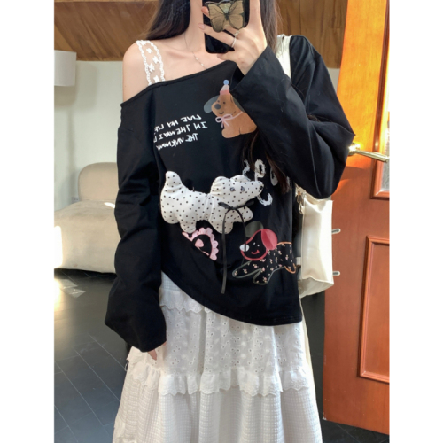 Real shot of doll lace long-sleeved T-shirt for women with digital printing