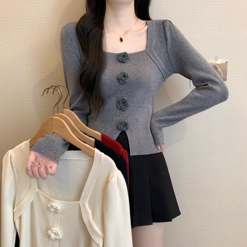 Photographed Autumn/Winter New French Design Style Niche Square Collar Embossed Floral Sweet Chic Knit Top