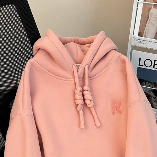 Real shot of Chinese cotton composite alpaca 420g sweatshirt for women winter plus velvet embroidered hooded top plus size women's 200 pounds