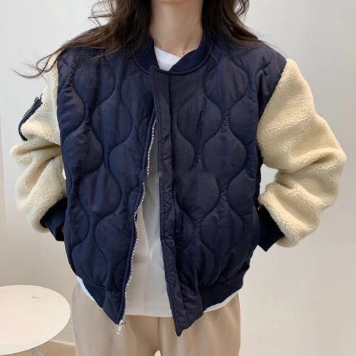 Korean chic lamb wool spliced ​​sleeves pressed cotton jacket round neck zipper baseball jacket cotton jacket for women