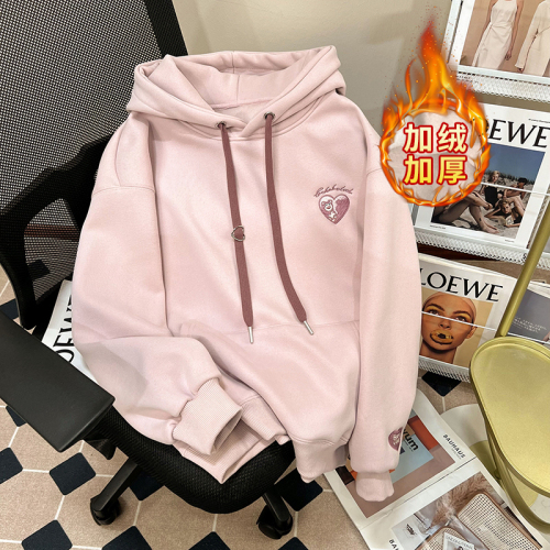 Real shot of Chinese cotton composite true super plus velvet thickened sweatshirt for women in autumn and winter embroidered flower hooded thermal top plus size women's clothing