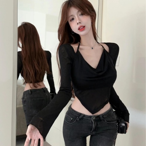 Real shot Hong Kong style pure desire design fake two-piece swing collar slim slimming lace-up halterneck long-sleeved T-shirt for women