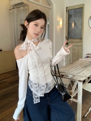 Actual shot of Pure Desire Lace Halter and Sloping Shoulder Long Sleeve T-shirt for Women Slim Fit Short Bottoming Top