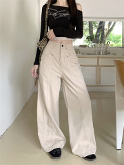Actual shoot American straight-leg jeans for women 2024 new autumn and winter high-waisted loose drape wide-leg work pants