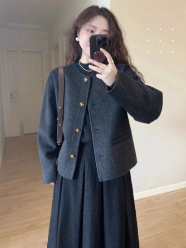 French style black double-sided cashmere woolen coat for women autumn and winter wool double-sided woolen short woolen coat