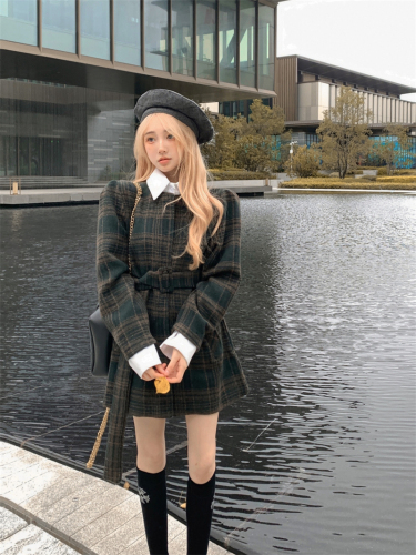 Real shot of Korean style fake two-piece plaid woolen jacket autumn and winter tops