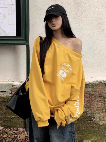 Double yarn cool cotton 260g yellow letter printed oblique off-shoulder long-sleeved T-shirt casual loose lazy style top