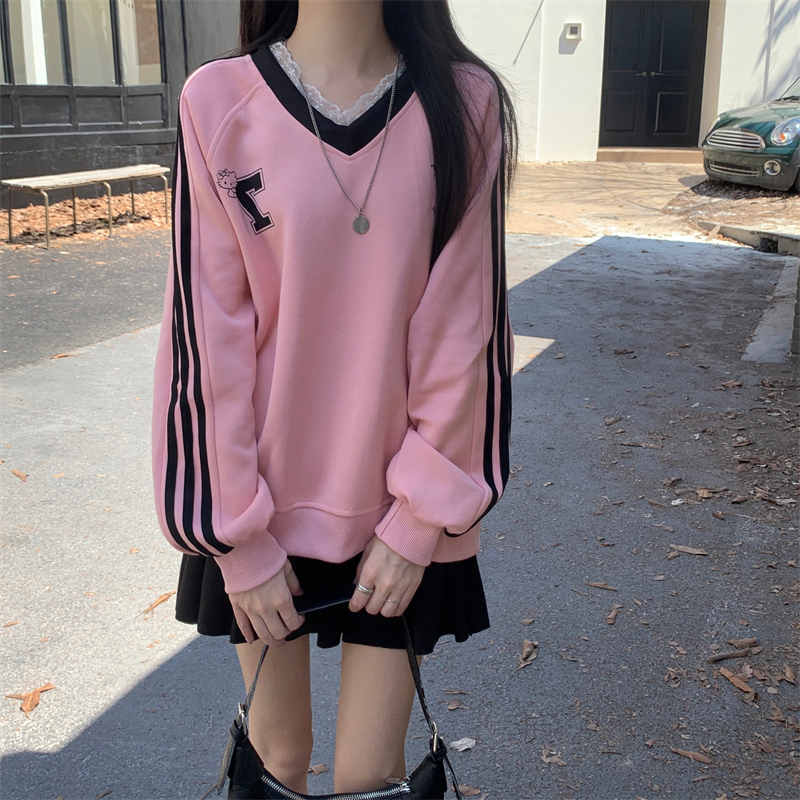實拍 真 秋季新款印花V領長袖衛衣女蕾絲拼接寬鬆上衣