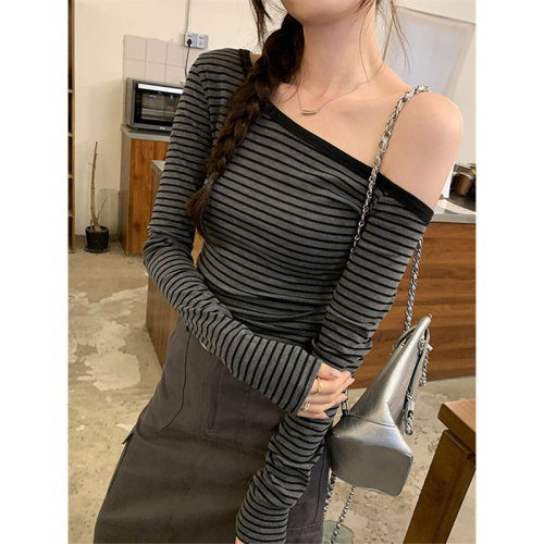 Original quality slope-neck off-shoulder striped long-sleeved T-shirt early autumn new hot girl slim short top