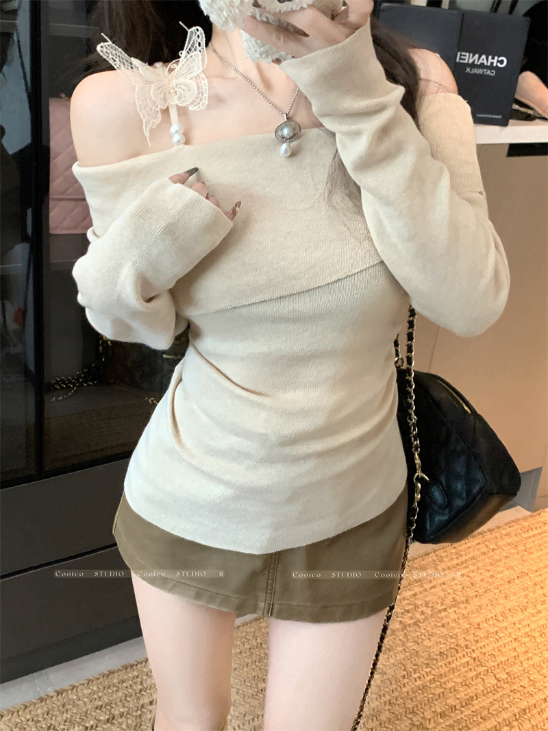 Photographed Sexy Off-the-Shoulder Wool Top with Design Sense Pure Desire Body-Shaping Slim Fit Long Sleeve Knit Top for Women