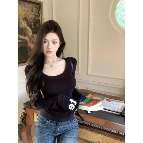 1*1 Threaded DeRong Autumn Letter Printed Bottoming Shirt Slimming U Neck Long Sleeve T-Shirt for Women