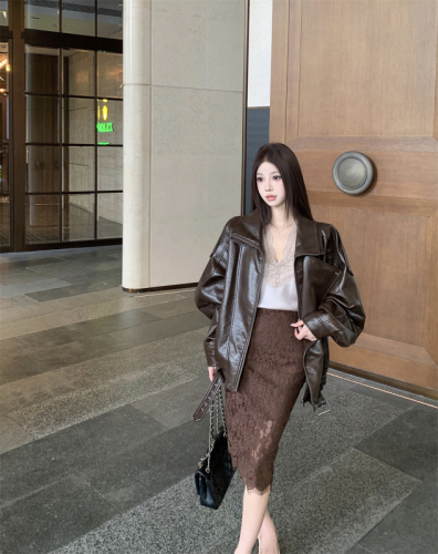 Maillard retro foaming texture eco-friendly pu leather jacket for women autumn loose jacket short coat