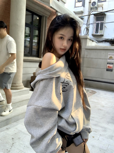 Actual shot ~ Printed hooded one-shoulder design, loose, lazy and versatile sweatshirt for women