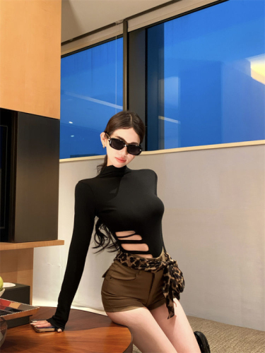 Cotton modal hot girl high collar long sleeve slim fit hollow long sleeve T-shirt design temperament slimming top