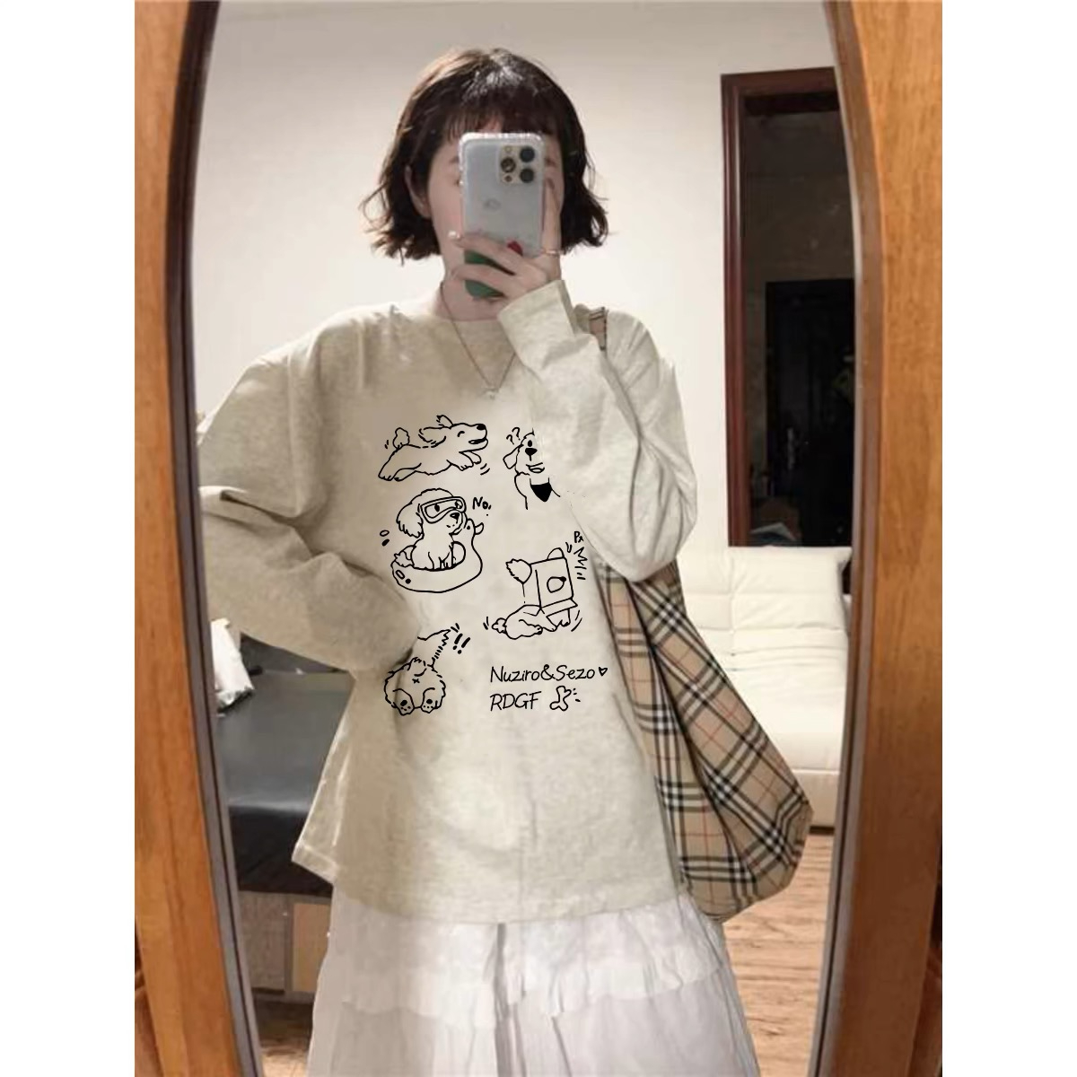 Women's long-sleeved T-shirt with 200g pure cotton seersucker + shoulder bag edge + imitation button loop