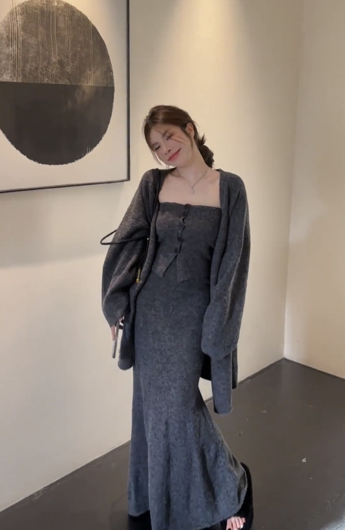 復古名媛風毛衣三件套女秋季新款韓版抹胸背心針織開衫半身裙套裝