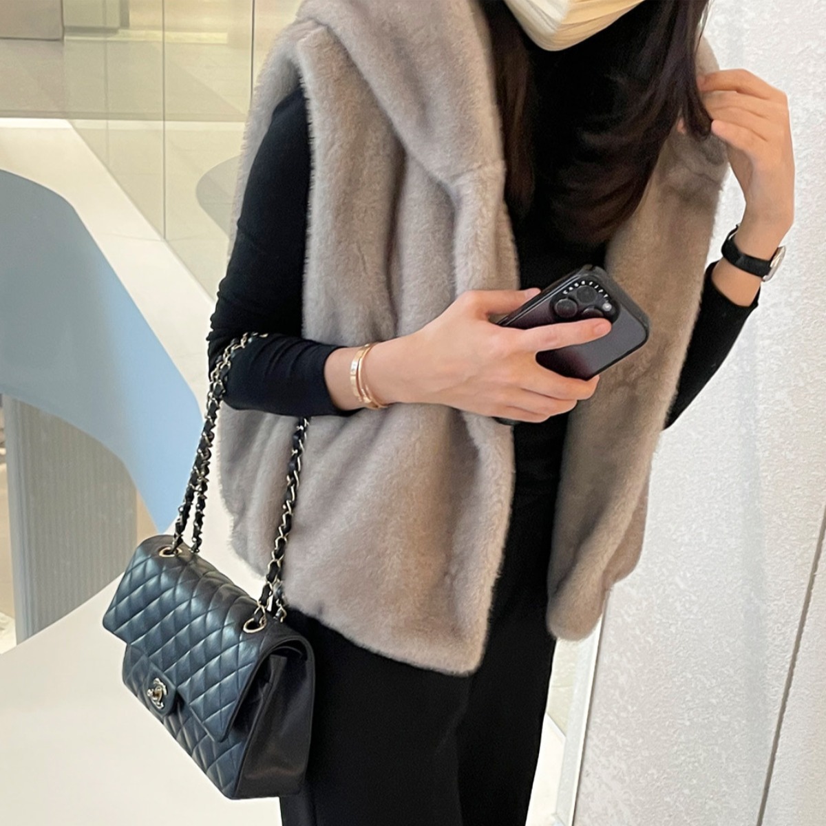 Korean Chic hooded mink fur loose waistcoat fur vest jacket