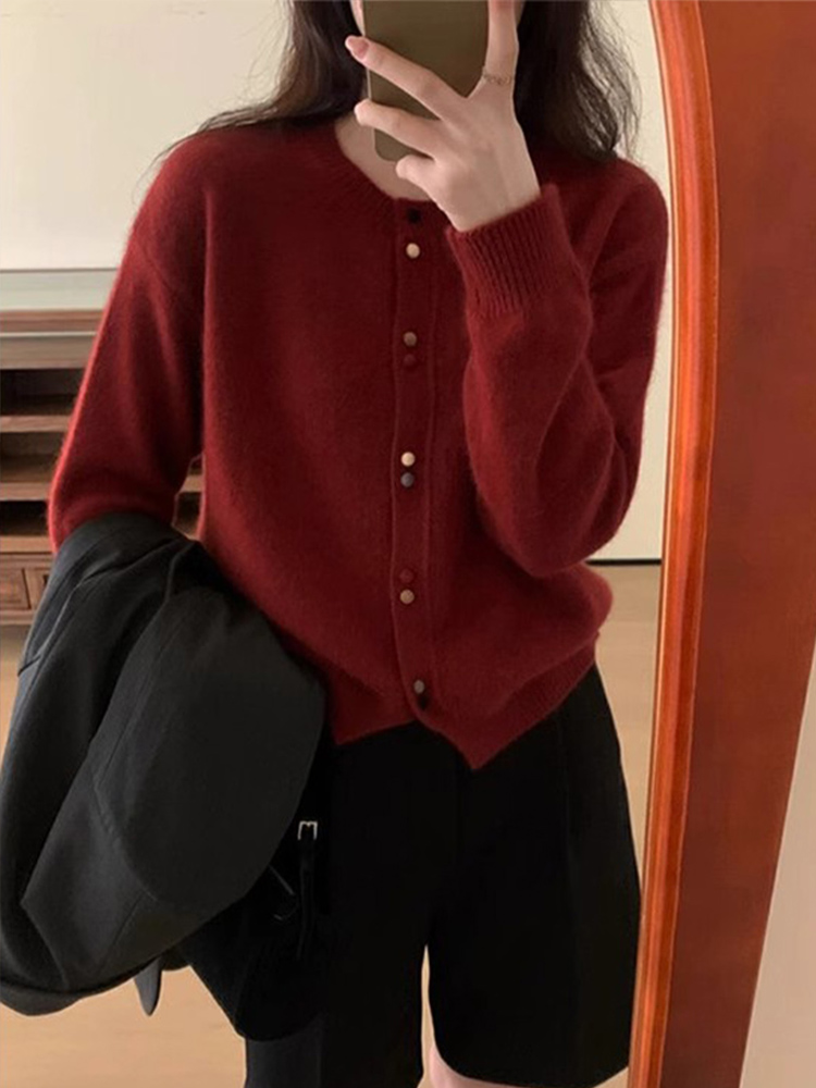 法式復古紅色短款圓領毛衣外套女秋冬外穿軟糯慵懶風針織開衫上衣