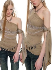 1JINN STUDIO chain print French slant shoulder streamer off-shoulder vest T-shirt women's design slimming top