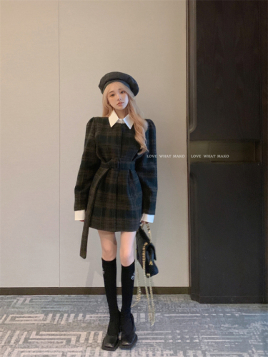 Real shot of Korean style fake two-piece plaid woolen jacket autumn and winter tops