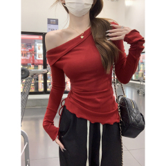 Actual shot of autumn and winter Korean style slim-fitting one-line collar sheer desire slanted shoulder drawstring long-sleeved inner T-shirt top