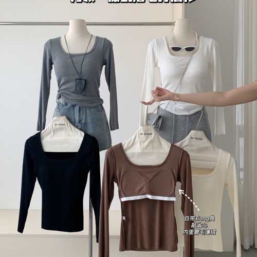 Korean Square Neck Right Shoulder Versatile Slim One Cup Long Sleeve T-Shirt Women's Autumn