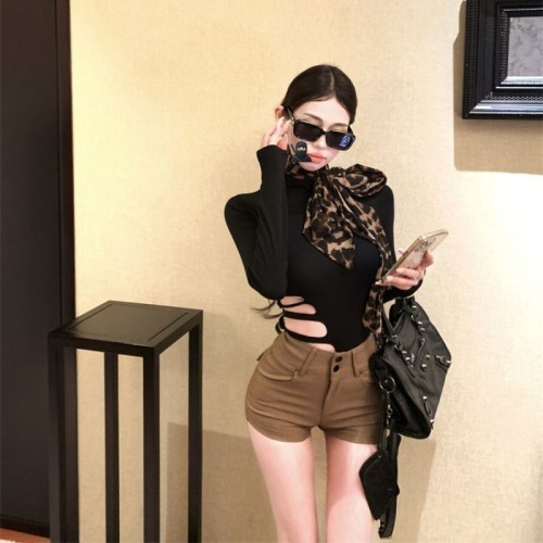 Cotton modal hot girl high collar long sleeve slim fit hollow long sleeve T-shirt design temperament slimming top