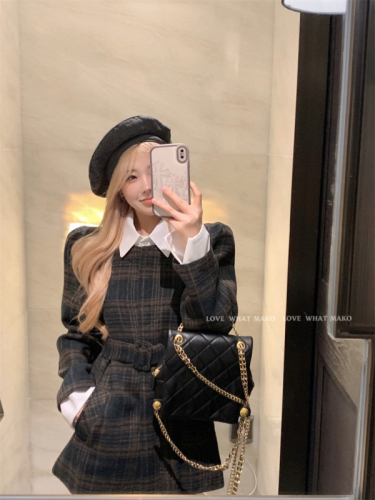 Real shot of Korean style fake two-piece plaid woolen jacket autumn and winter tops