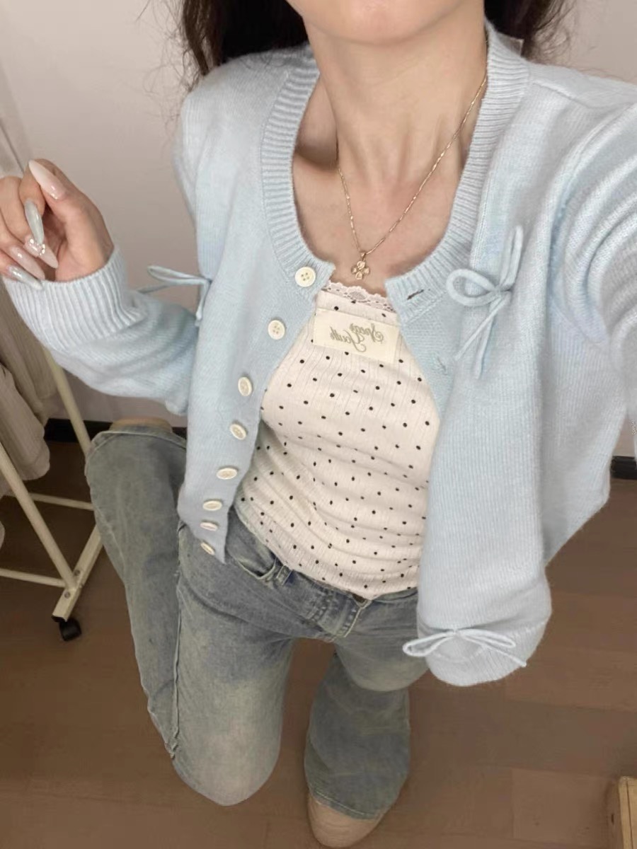 奶藍色針織開衫春秋女裝新款蝴蝶結甜妹韓系軟糯上衣短款毛衣外套