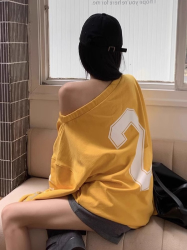 Double yarn cool cotton 260g yellow letter printed oblique off-shoulder long-sleeved T-shirt casual loose lazy style top