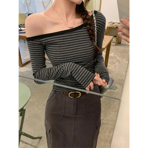 Original quality slope-neck off-shoulder striped long-sleeved T-shirt early autumn new hot girl slim short top