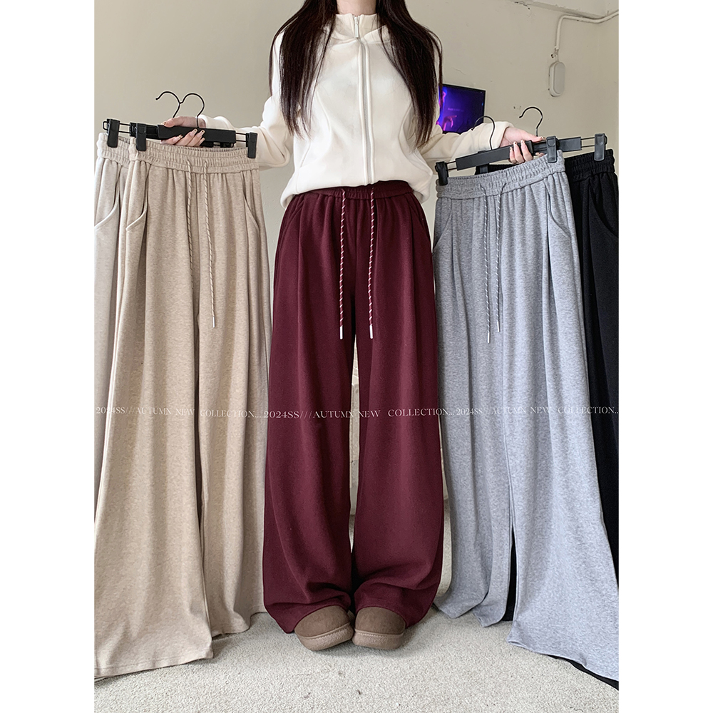 Real shot! 2024 autumn and winter new style lazy style thickened drawstring drapey wide-leg pants casual pants for women