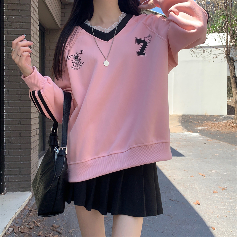 實拍 真 秋季新款印花V領長袖衛衣女蕾絲拼接寬鬆上衣