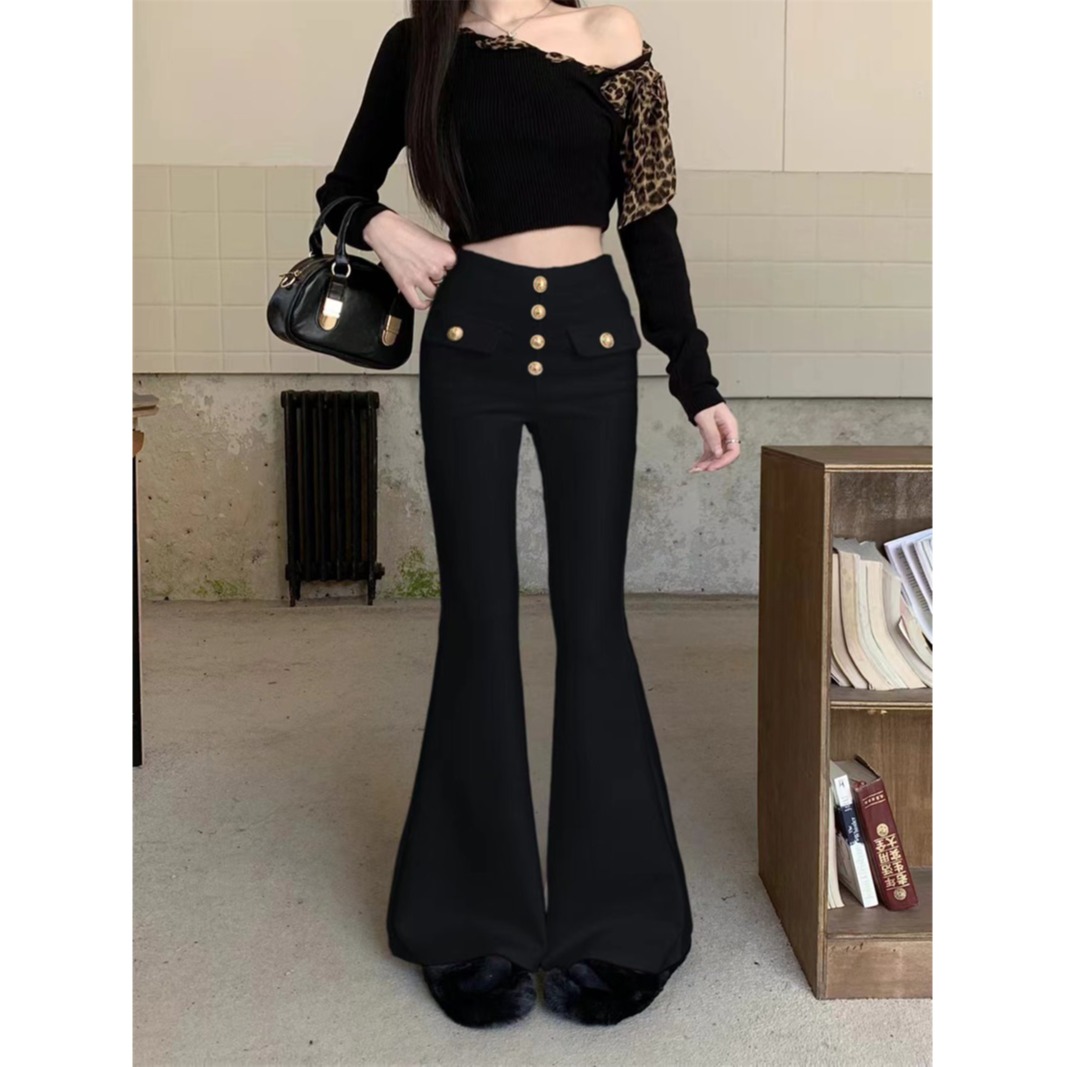 Real shot! Slimming high waist thickened casual long pants with velvet design slim tapered pants 