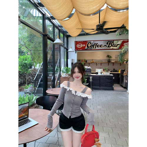 Actual shot of one-shoulder lace patchwork Korean style two-piece slim fit top