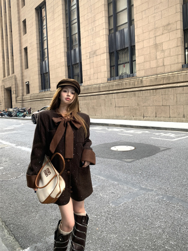 Actual shot of Korean style bow-knot mid-length woolen coat for women, new temperament, age-reducing straight slimming coat