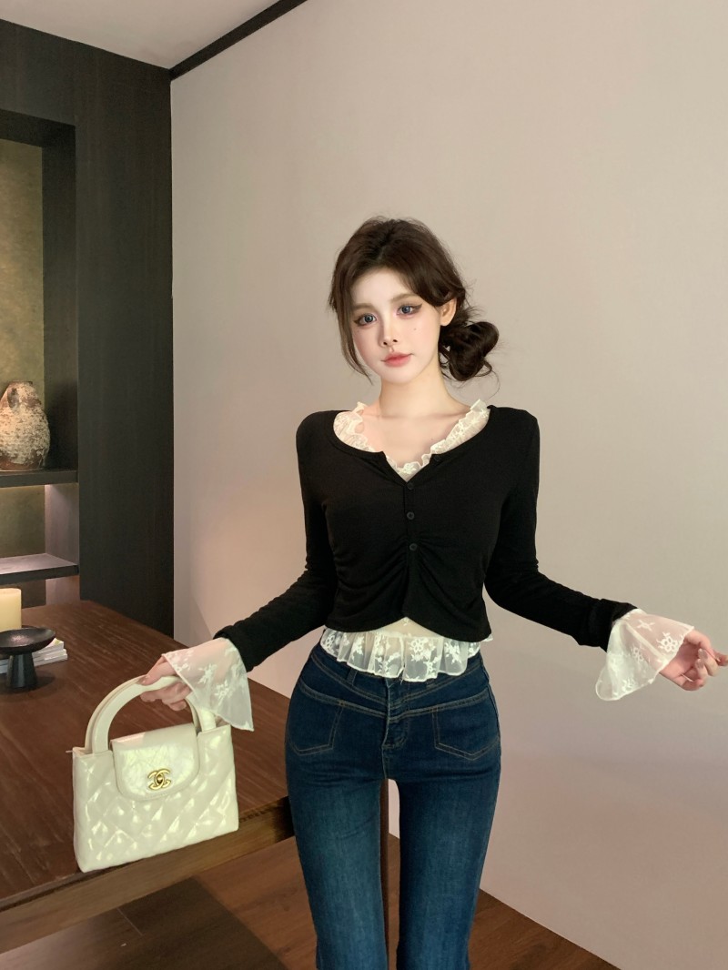 Actual shot!! Sweet and spicy girl set, tailored to slim body, autumn winter long sleeve lace base layer two-piece set
