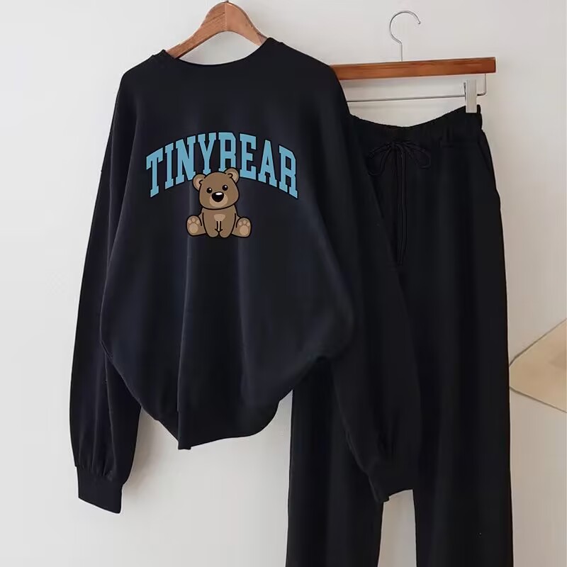 Laid-back sporty set for women, winter and autumn, lettered Korean style, padded thin hoodie, two-piece round neck